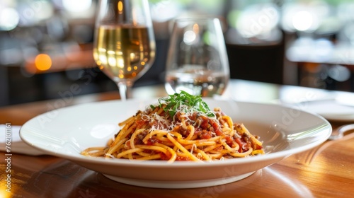 Spaghetti Bolognese served on a wooden table, adorned with savory meat sauce and cheese, elegantly presented on a pristine white plate. Traditional Italian food