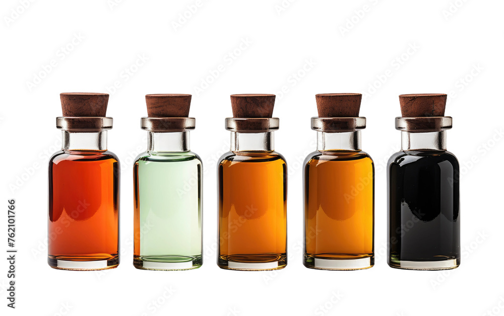 A Row of Bottles Filled With Different Colored Liquids. On a White or Clear Surface PNG Transparent Background.