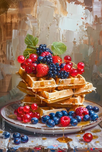 Berries with waffle in oil painting style for wall art and illustration 