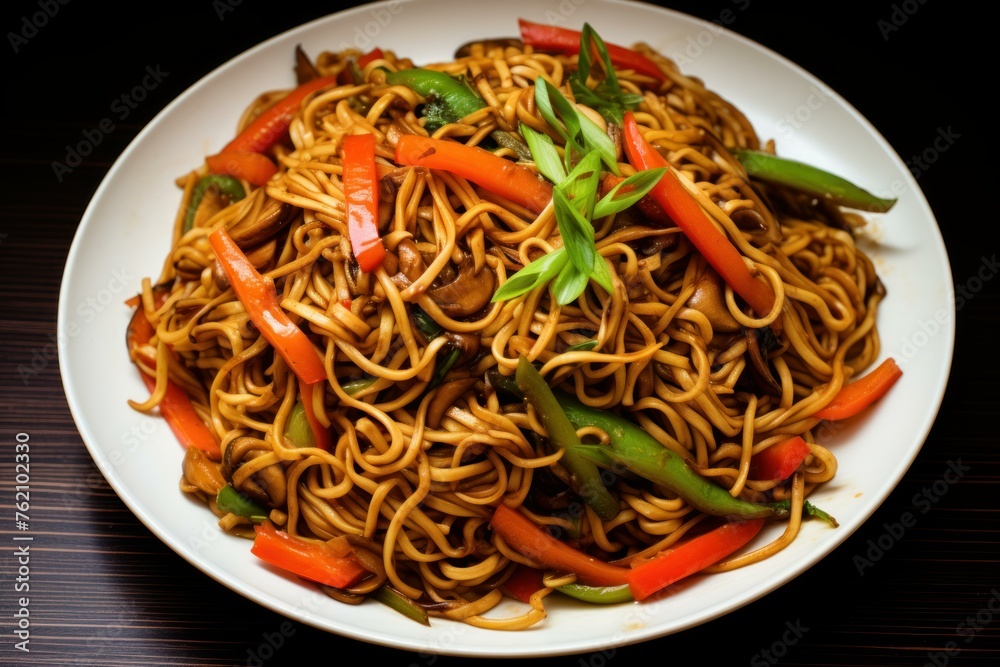 Crunchy Noodles stir fry. Cuisine dish plate. Generate Ai