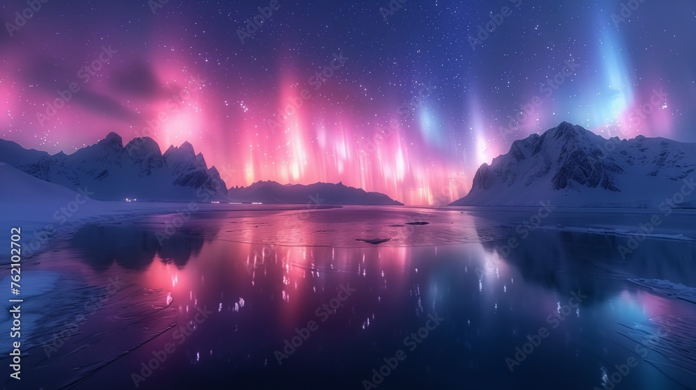 snow covered mountains in the cold arctic north, rocky mountains, and beautiful aurora sky, magical northern lights dance in the sky, magical lights reflecting off the water