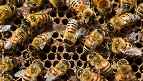 The vibrant life of a bee colony featuring a marked queen at its heart, encircled by diligent workers Generative AI