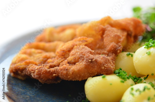 traditional Czech food, fried pork steak, close-up view, served on a plate