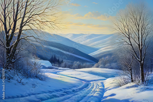 Winter landscape with a river and trees covered with snow at sunset.