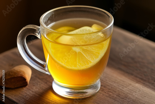 Cup of tea with lemon and ginger on a wooden table.