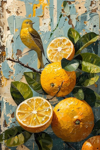 fresh lemons with leaves in half painting, strong brush stroke, on rustic blue background color, Artwork for wall art , home decor, poster and background wallpaper