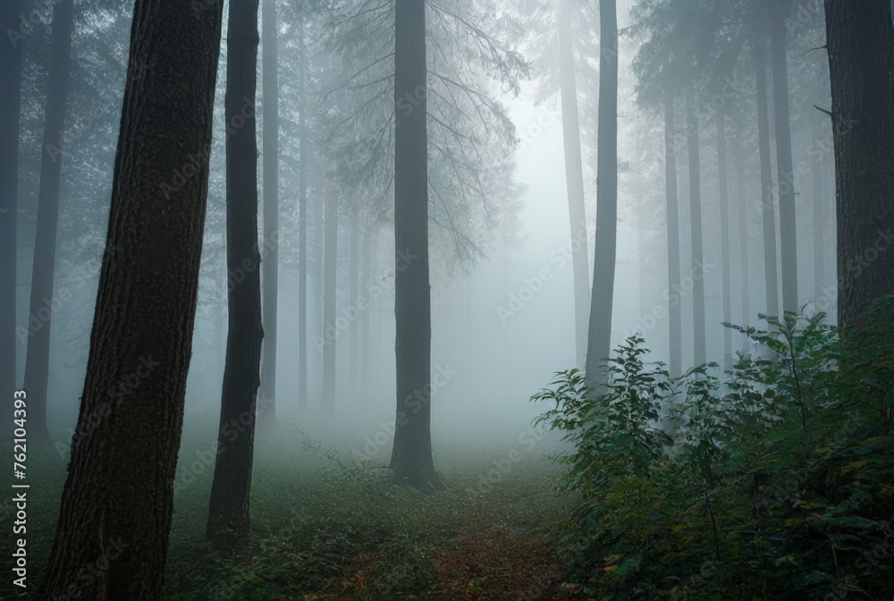 Naklejka premium Mysterious dark forest in a foggy morning. Misty landscape