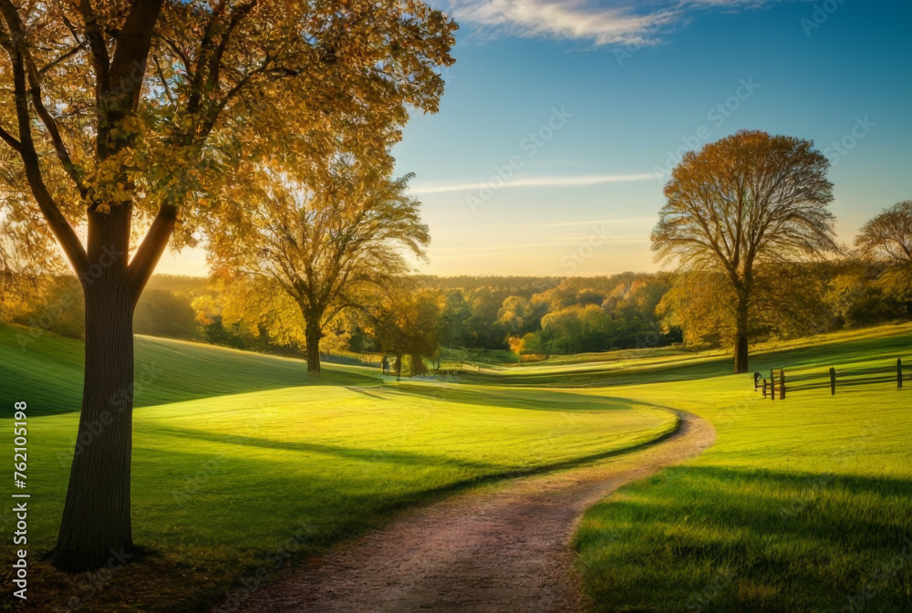 Fototapeta premium Morning in the park with green grass, trees and sunbeams