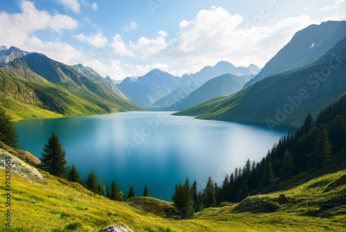 Beautiful mountain lake in the Alps. Landscape with mountains and blue sky.