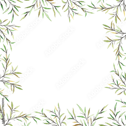 Green romantic hand painted watercolor frame. Cute elegant branches and leaves illustrations and graphic design elements. Spring botanical greenery border frame for wedding invitations and prints.