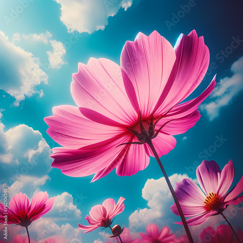 A vibrant image of a pink cosmos flower against a clear blue sky with soft  white clouds