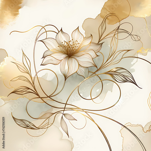 An abstract art background vector illustration in a luxury minimal style, featuring golden line art of a flower and botanical leaves i photo