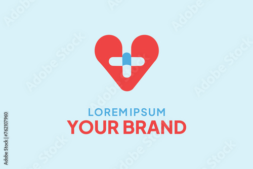 Love logo design template in pill shape isolated on white background. with cross label symbol for pharmacy, hospital. 