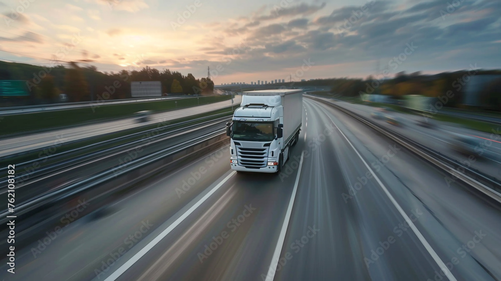 Trucks driving on the highway winding through forested landscape