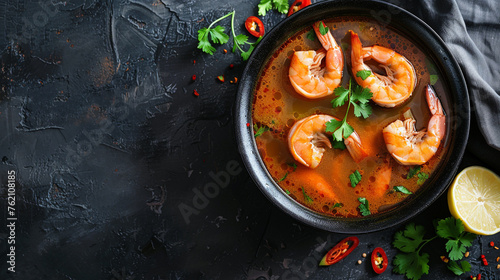 Tom Yum Goong, Thai spicy and sour soup with prawn, popular Thai cuisine. photo