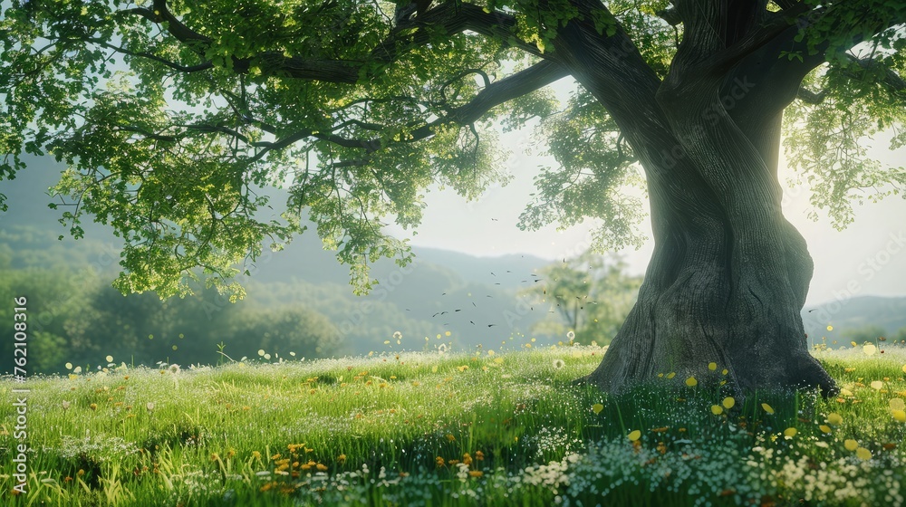 Fototapeta premium Big tree with fresh green leaves and green spring meadow