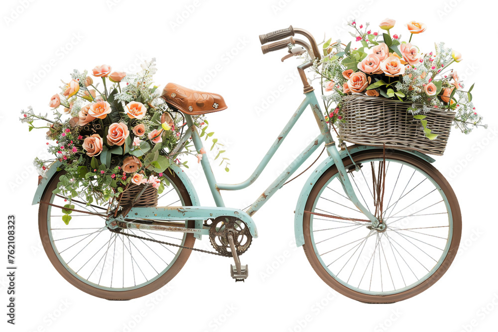 Bicycle adorned with flowers, vintage style, isolated