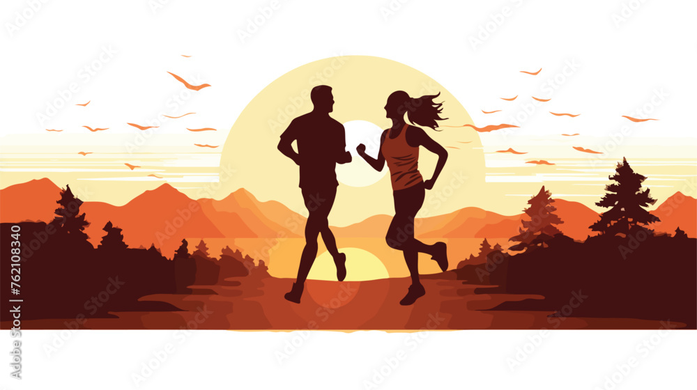 Silhouette lover couple running on sunrise flat vector