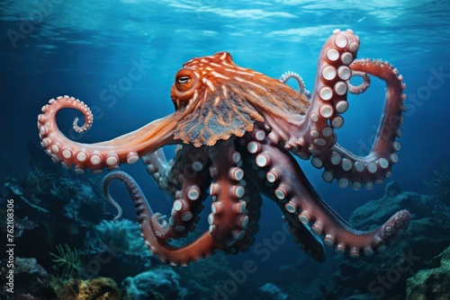 Luminous Octopus underwater daylight. Nature water sea. Generate Ai
