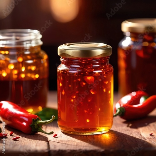 Spicy hot preserved chili oil in jar, homemade condiment