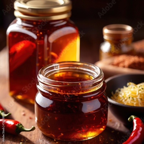 Spicy hot preserved chili oil in jar, homemade condiment photo
