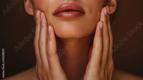 Cropped shot of young caucasian woman touching under the chin with hands massaging her face on dark brown background. Rejuvenation, facelift, facefitness. Exercises from the second chin, pelican neck photo