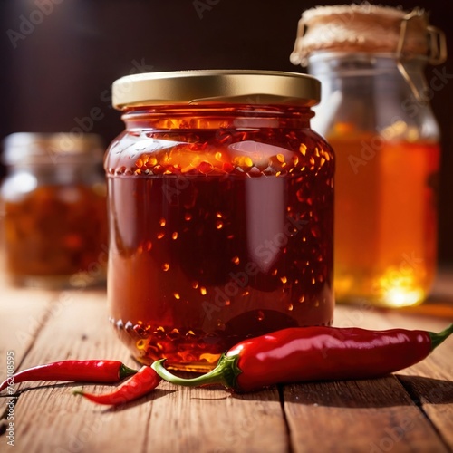 Spicy hot preserved chili oil in jar, homemade condiment photo
