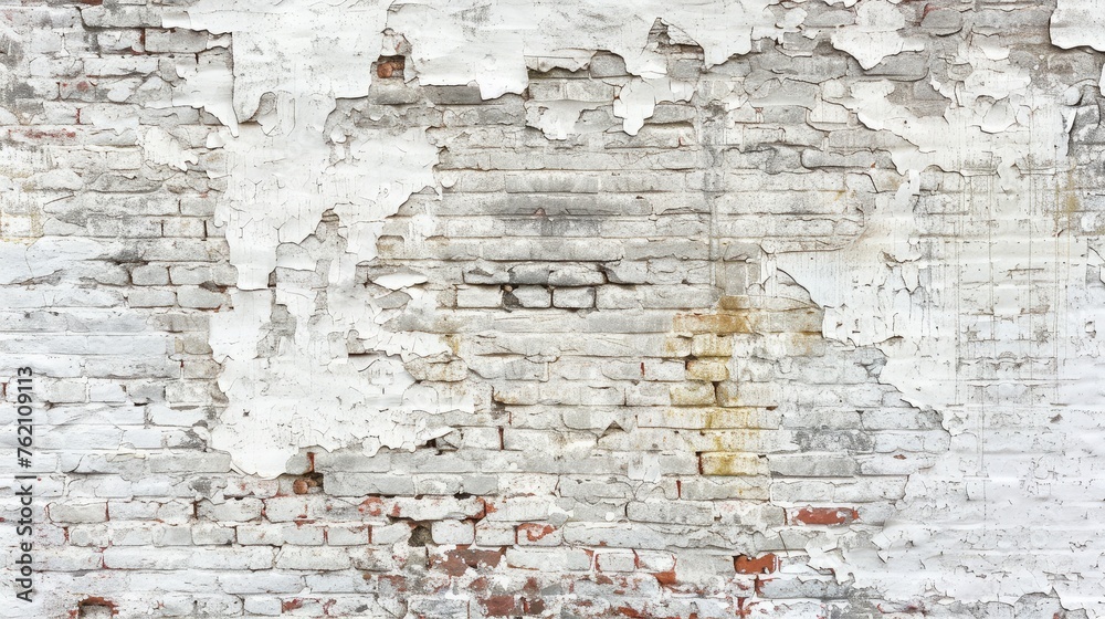 Empty Old Brick Wall Texture. Painted Distressed Wall Surface. Grungy Wide Brickwall. Grunge white Stonewall Background. Shabby Building Facade With Damaged Plaster. Abstract Web Banner. Copy Space.