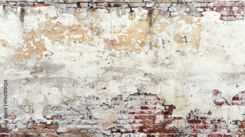 Obraz premium Empty Old Brick Wall Texture. Painted Distressed Wall Surface. Grungy Wide Brickwall. Grunge white Stonewall Background. Shabby Building Facade With Damaged Plaster. Abstract Web Banner. Copy Space.