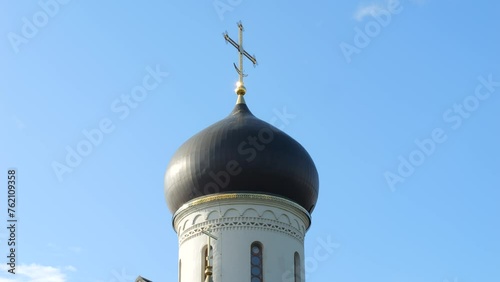 Trinity temple in Troitsk city close-up on summer day, small church architecture photo