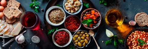 Passover Seder plate with a diverse array of symbolic foods, reflecting the multicultural aspect of the holiday.Generative AI