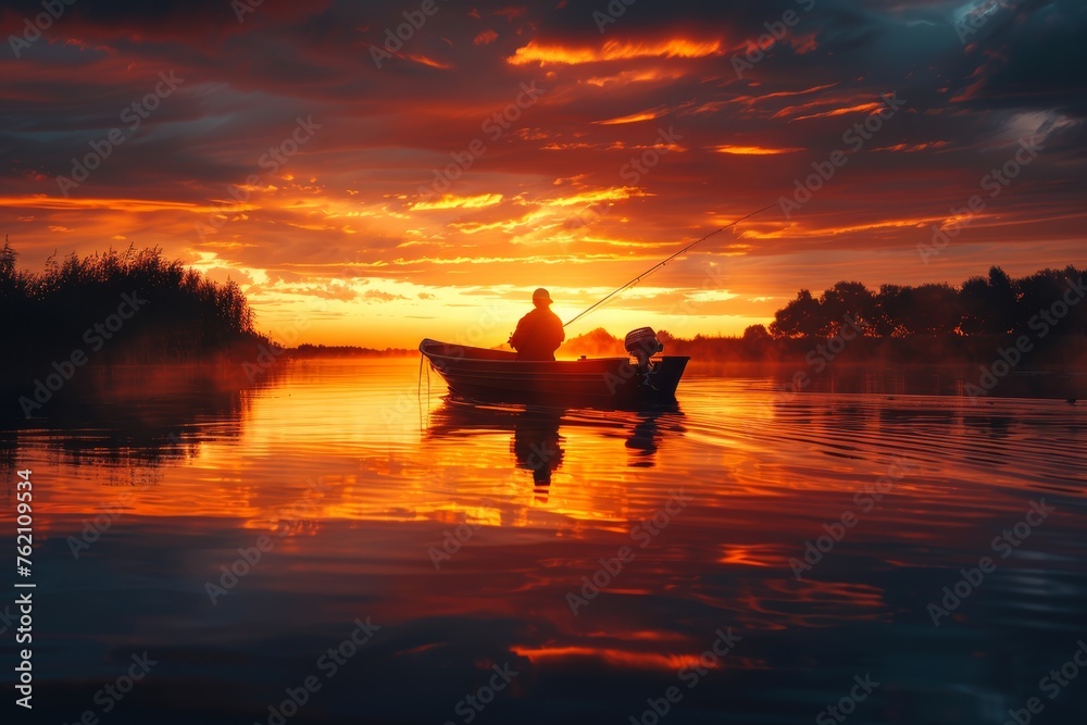 Silhouette of a man fishing at sunset, capturing the tranquil and reflective moment against the backdrop of the setting sun. Silhouette of a man fishing at sunset, capturing the tranquil and reflective moment against the backdrop of the setting sun.