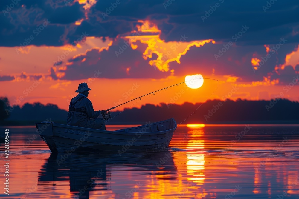 Silhouette of a man fishing at sunset, capturing the tranquil and reflective moment against the backdrop of the setting sun.