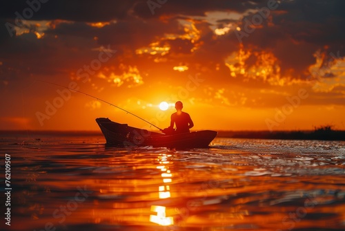 Silhouette of a man fishing at sunset, capturing the tranquil and reflective moment against the backdrop of the setting sun.