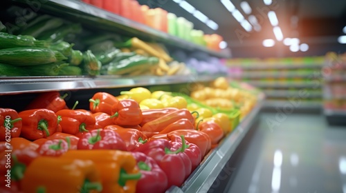 Supermarket Aisle and Fresh Vegetables on the Shelves