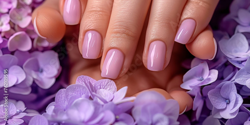 A closeup of hands with purple color nails, for cosmetic advertising, feminine product, romantic atmosphere 