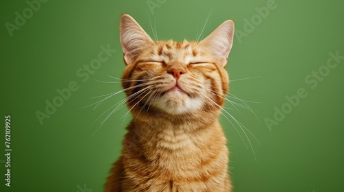 studio headshot portrait of cat smiling against a green background © buraratn