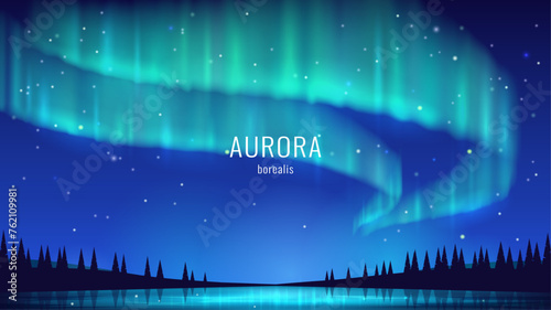 The aurora borealis over the lake. Bright glow in the night sky. Realistic view of the northern lights reflected in the water. Vector illustration.