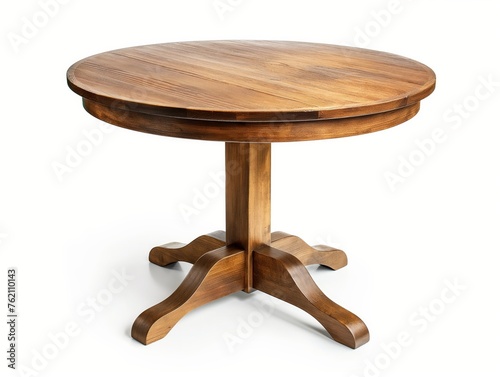 A round wooden table featuring a smooth finish and sturdy base, isolated on a white backdrop.