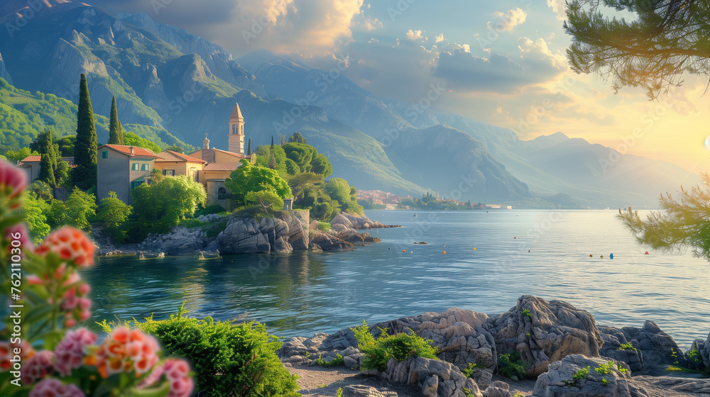 A mesmerizing painting capturing a serene lake nestled among towering European mountains on a summer day, reflecting the beauty of nature