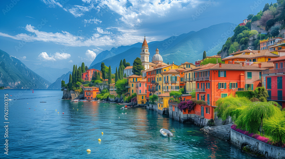 Fototapeta premium A quaint European town nestled along the shore of a crystal-clear lake, with charming buildings, lush greenery, and boats gently bobbing in the water