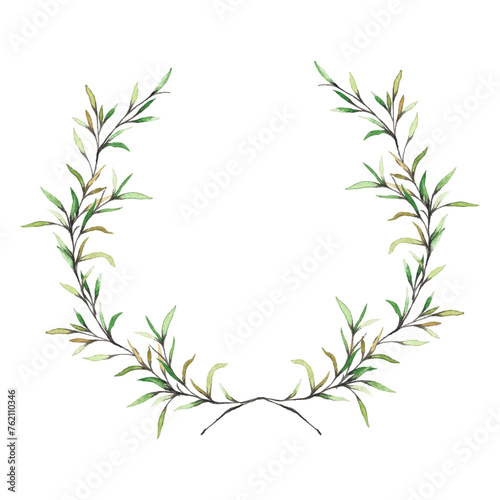Green romantic hand painted watercolor wreath. Cute elegant branches and leaves illustrations and graphic design elements. Spring botanical greenery laurel wreath for weddings  logos and branding.