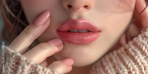 A closeup of the hand and lips with pink nail polish on her fingernails,  for cosmetic advertising, feminine product, romantic atmosphere  photo