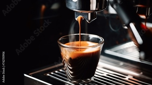 close up of coffee machine pouring espresso coffee into cups