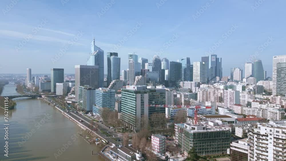 La Defense neighborhood riverside, Paris in France. Aerial drone panoramic view and sky for copy space La Defense neighborhood riverside, Paris in France. Aerial drone panoramic view and sky for copy space
