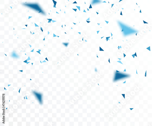 Falling blue confetti and ribbon, isolated on transparent background