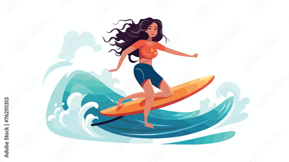 Vector Girl with surfing. Flat style colorful Cartoon