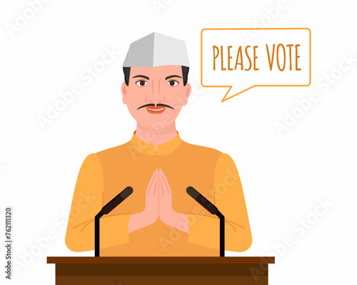 Indian Politician candidate standing behind rostrum and giving a speech for voting Indian General Election