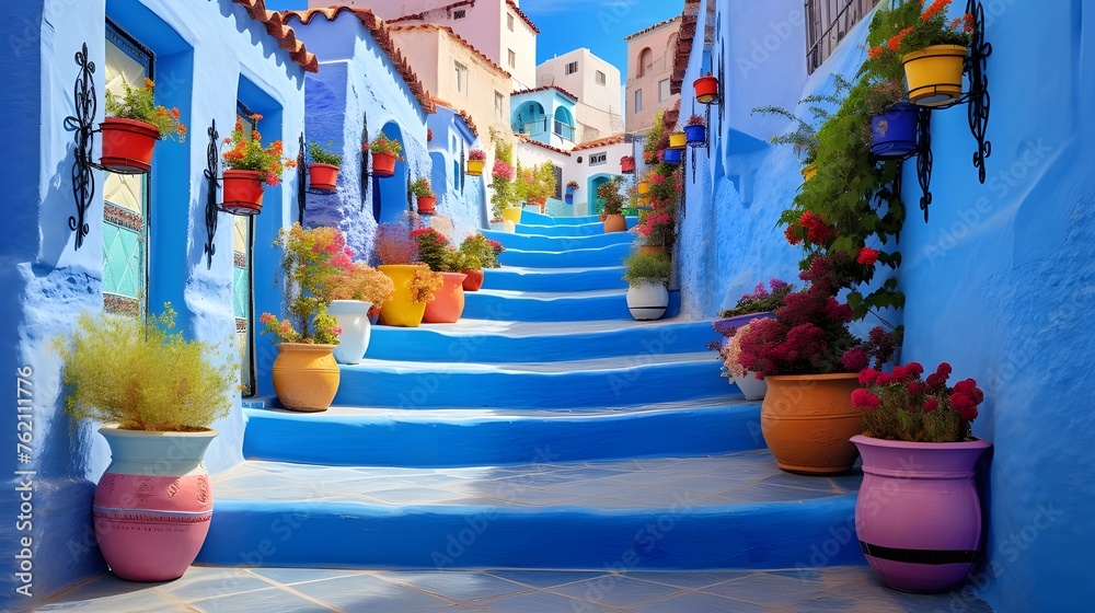 Fototapeta premium Blue staircase and wall decorated with colourful 