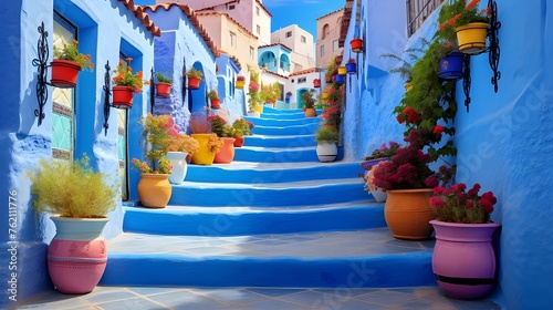 Blue staircase and wall decorated with colourful  © Phatto